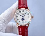 Replica Longines Moonphase White Dial Red Leather Strap Rose Gold Watch 34mm